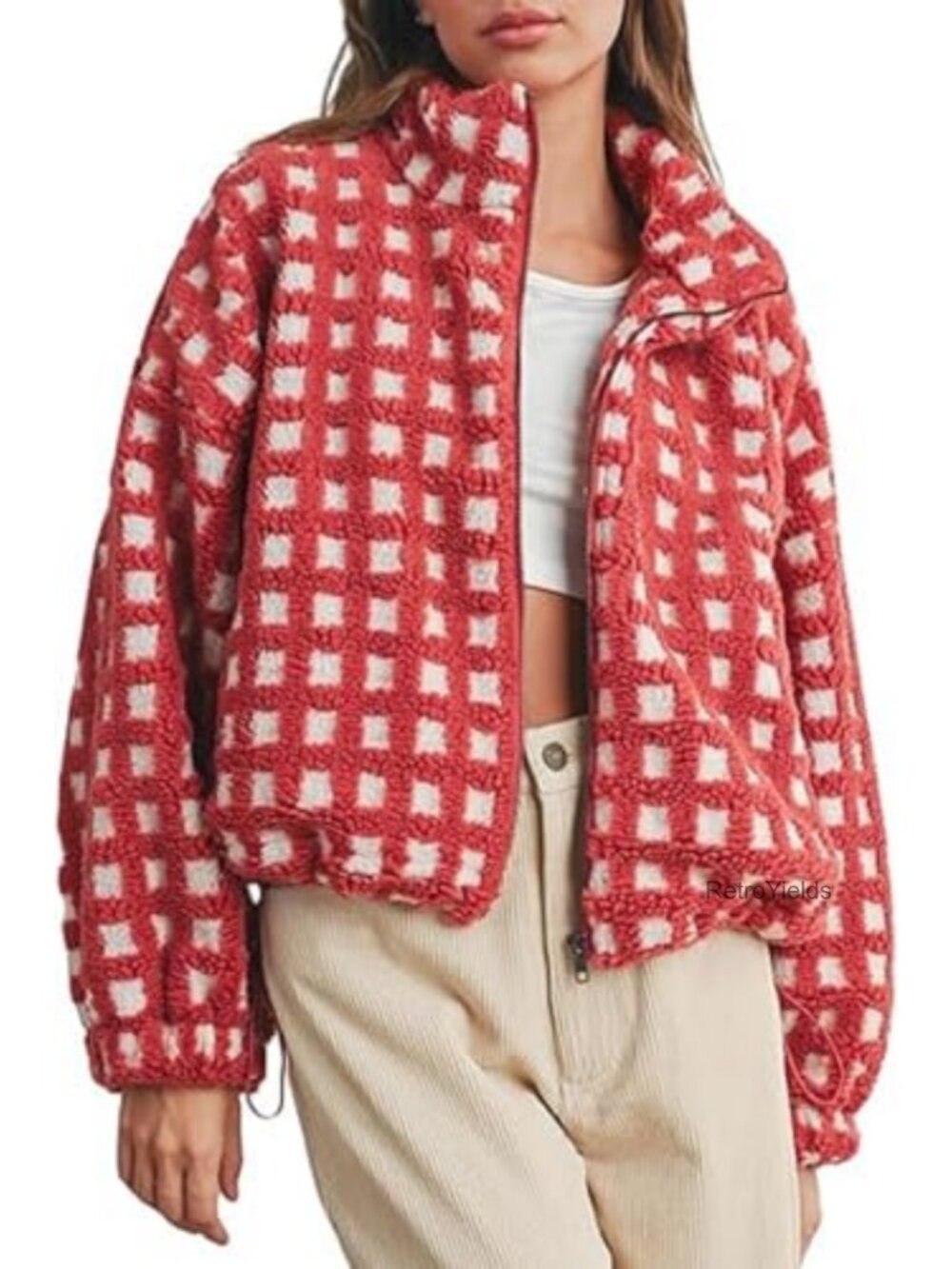 Sherpa Fleece Jacket Fuzzy Zip Up Plaid Cropped Women's Casual Outerwear